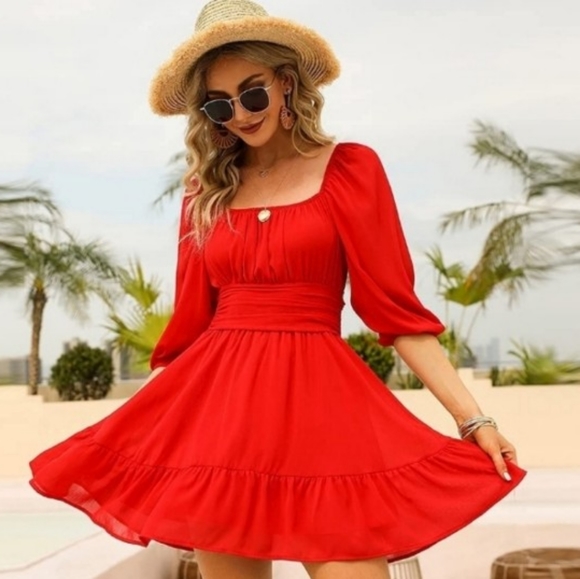 🌞Lantern Sleeve Tie Back Dress Ruffled Off Should - Picture 4 of 5